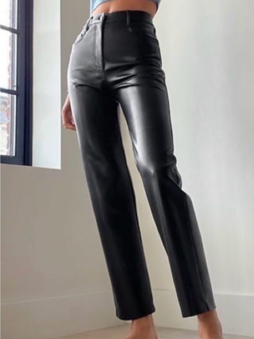 Aritzia Wilfred Melina High-Rise Black Faux Leather Straight-Leg Pants 8